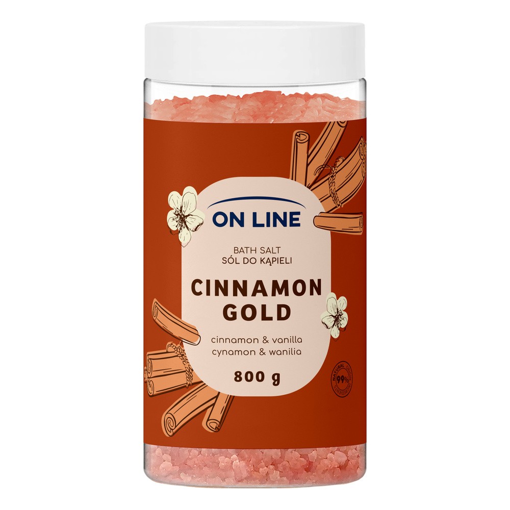 On Line Cinnamon Gold, rozgrzewająca sól do kąpieli z cynamonowym aromatem, 800 g