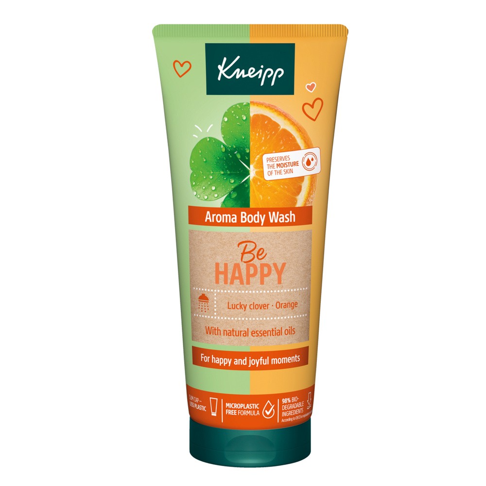 Kneipp Be Happy, Pielęgnujący żel pod prysznic, Pomarańcza i koniczyna, 200 ml