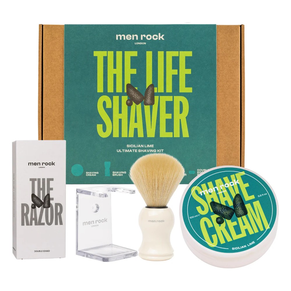 MenRock The Life Shaver Sicilian Lime zestaw krem do golenia 100ml + pędzel do golenia + stojak na pędzel + maszynka do golenia + ostrza maszynki do golenia