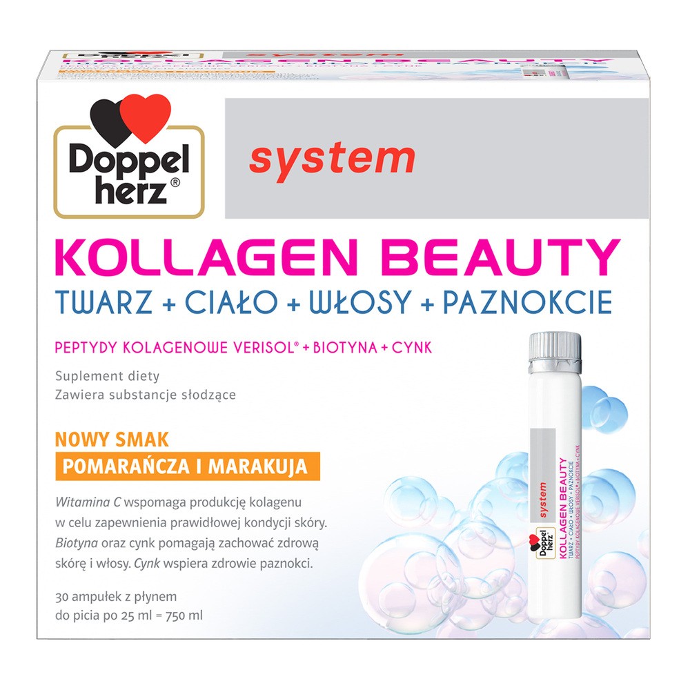 Doppelherz System Kollagen Beauty, smak pomarańcza i marakuja, 25 ml x 30 ampułek