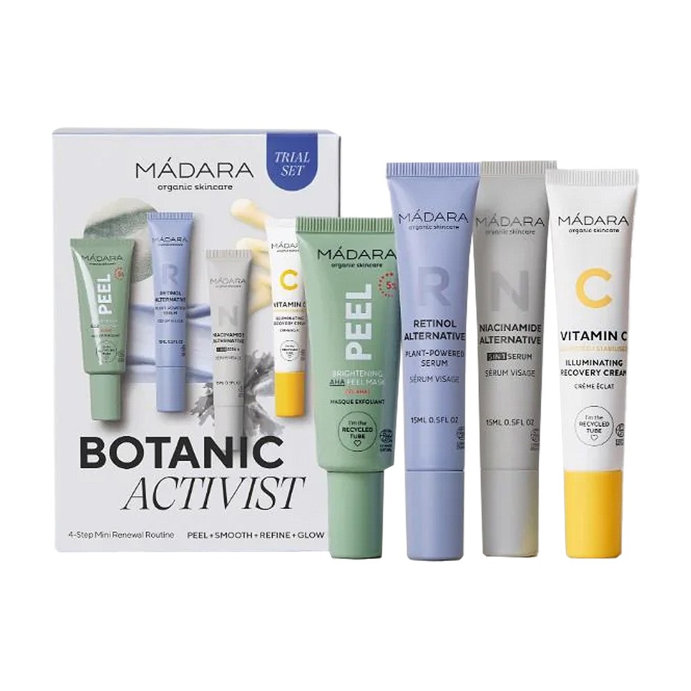 Zestaw Madara Botanic Activist, serum przeciwzmarszczkowe, 15 ml + serum naturalne, 15 ml + maska peelingująca, 17 ml + krem z witaminą C, 15 ml