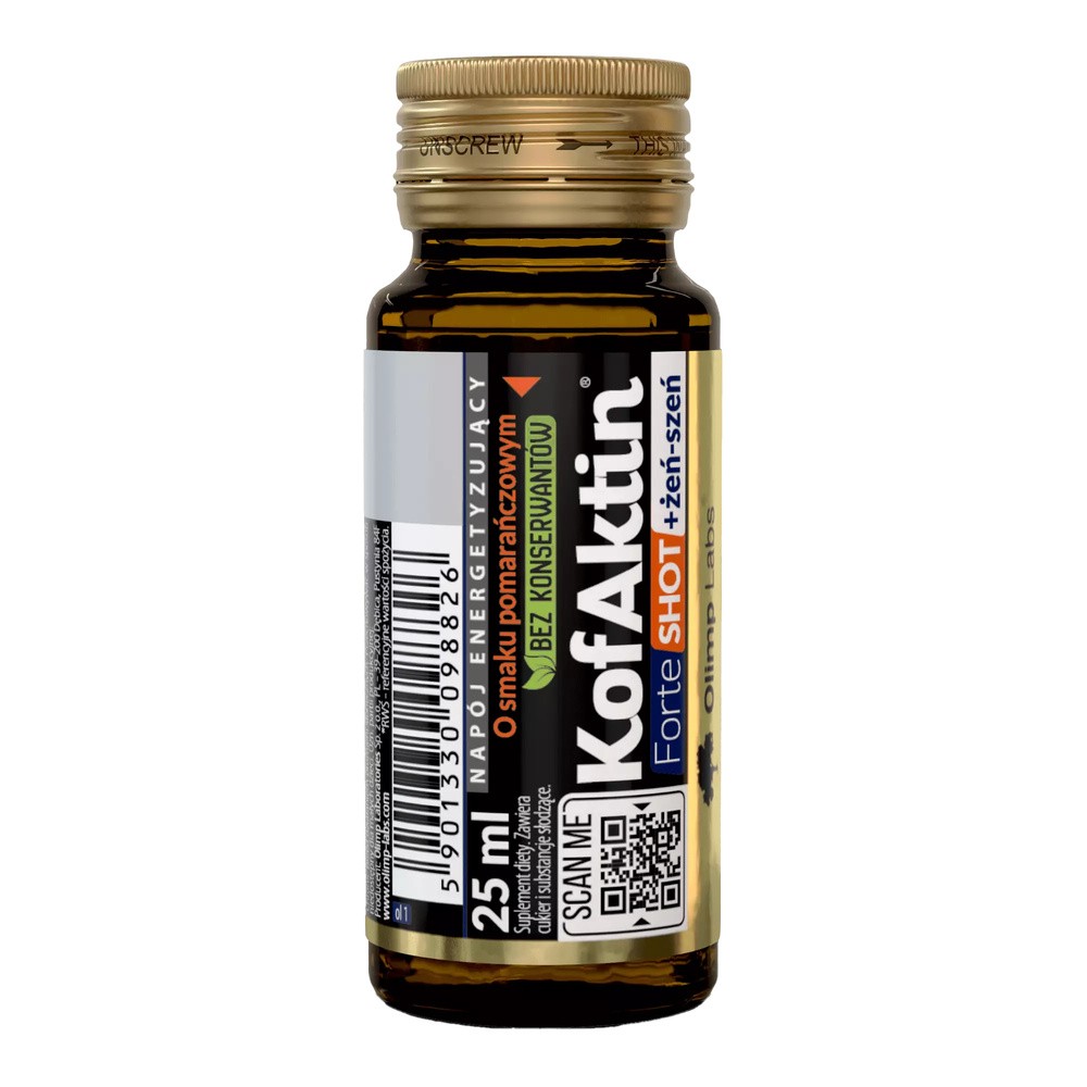 Olimp KofAktin Forte shot + żeń-szeń z sokiem, ampułka z płynem, smak pomarańczowy, 25 ml