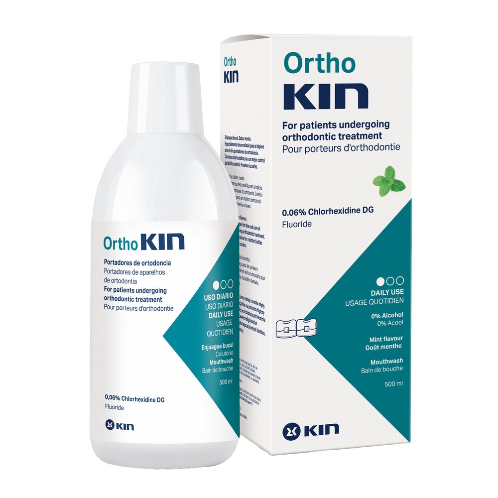 KIN Orthokin, płyn do płukania jamy ustnej dla osób z aparatami ortodontycznymi, smak miętowy, 500 ml