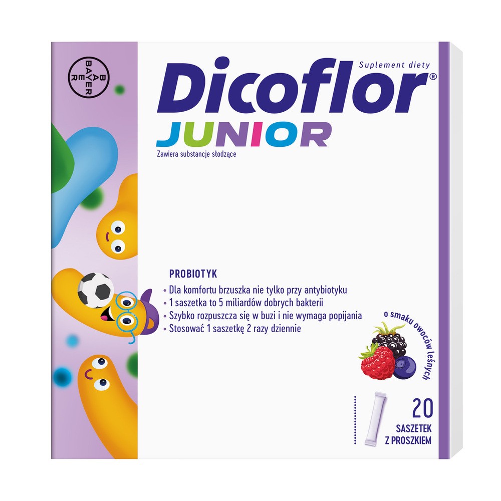Dicoflor Junior, dla dzieci od 3 lat i dorosłych, smak owoców leśnych, 20 saszetek