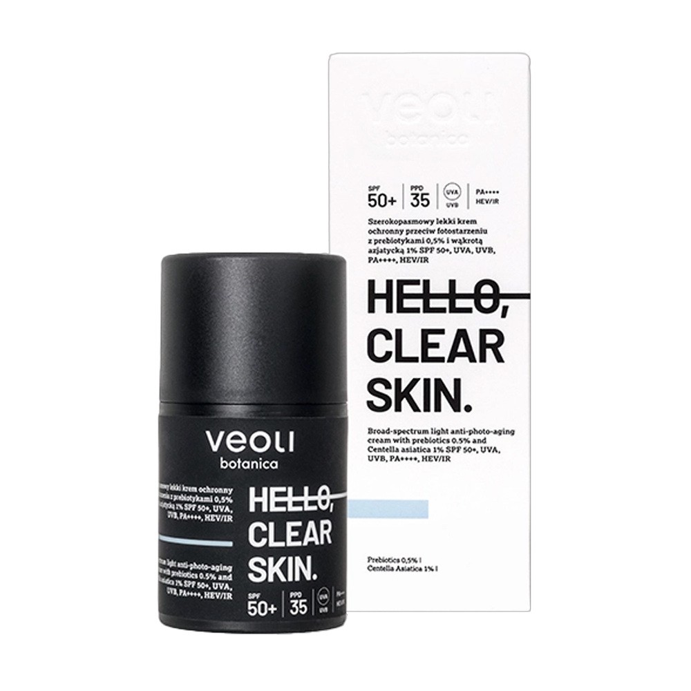VEOLI BOTANICA_Hello Clear Skin szerokopasmowy lekki krem ochronny przeciw fotostarzeniu z Prebiotykami 0,5% i Wąkrotą Azjatycką 1% SPF50+ 50ml