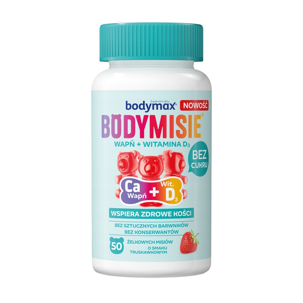 Bodymax Wapń + Wit. D3 Bodymisie o smaku Truskawkowym, żelki 50 szt.