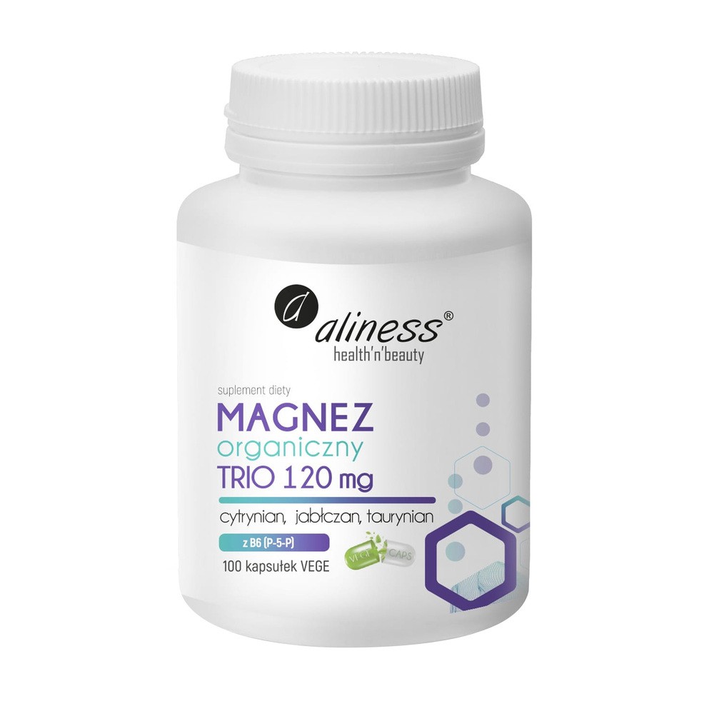 Aliness Magnez Organiczny Trio-120 mg Cytrynian, Jabłczan, Taurynian 100 kapsułek