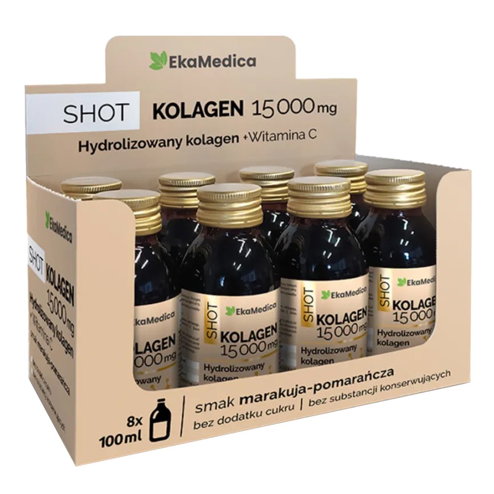 EkaMedica Shot Kolagen 15 000mg z witaminą C smak marakuja-pomarańcza, 8 x 100 ml