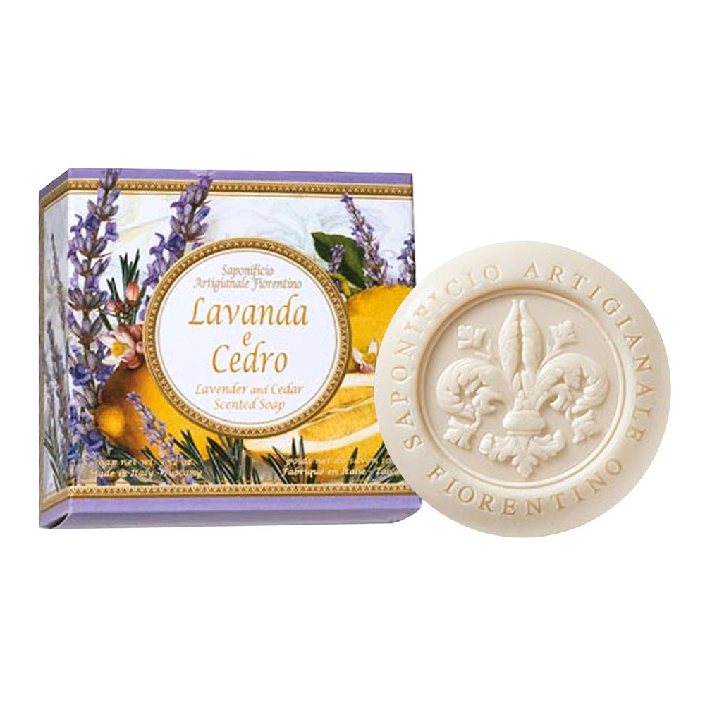 Saponificio Artigianale Fiorentino, naturalne mydło w ozdobnym pudełku, lawenda z cedrem, 100 g