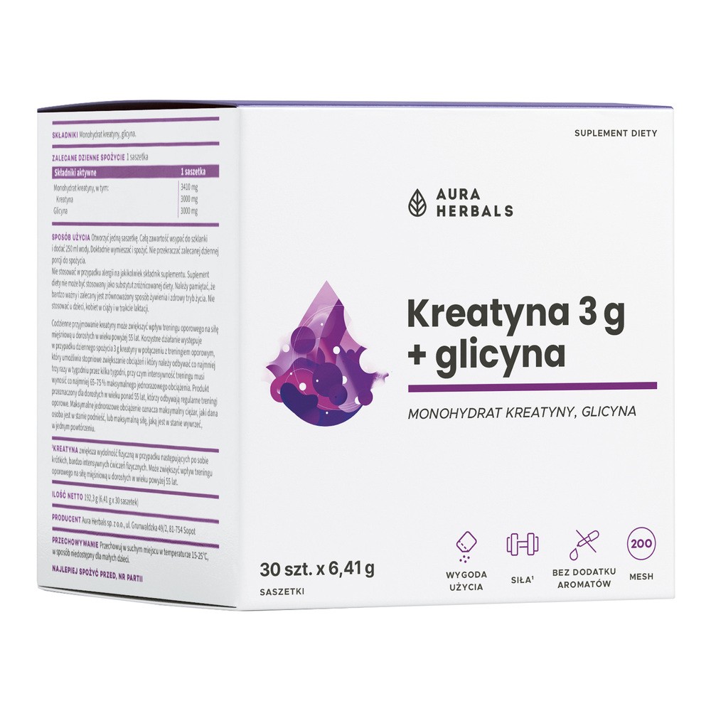 Aura Herbals Kreatyna 3g + Glicyna Suplement Diety 30 Saszetek