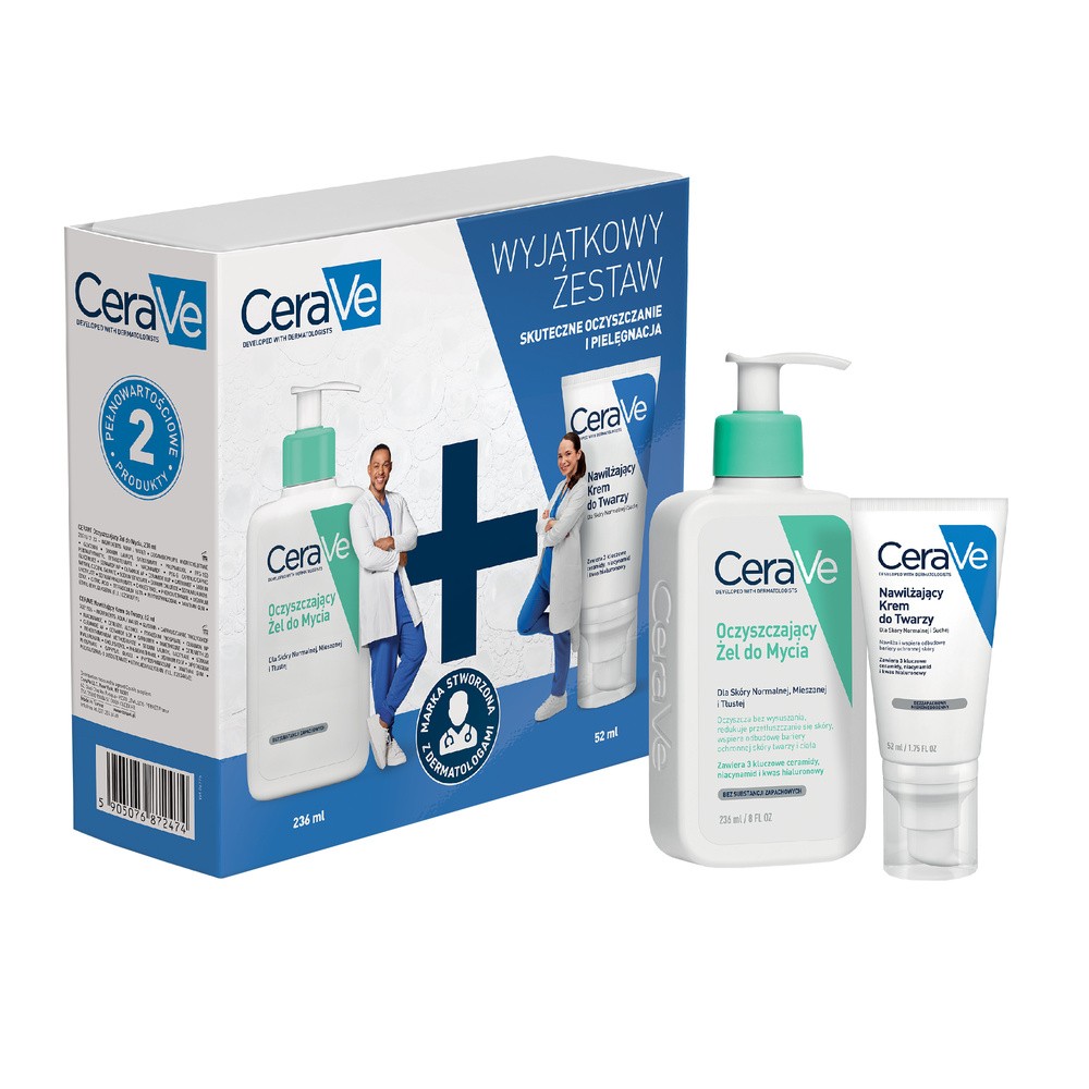 CeraVe Zestaw: nawilżający krem do twarzy + oczyszczający żel do mycia