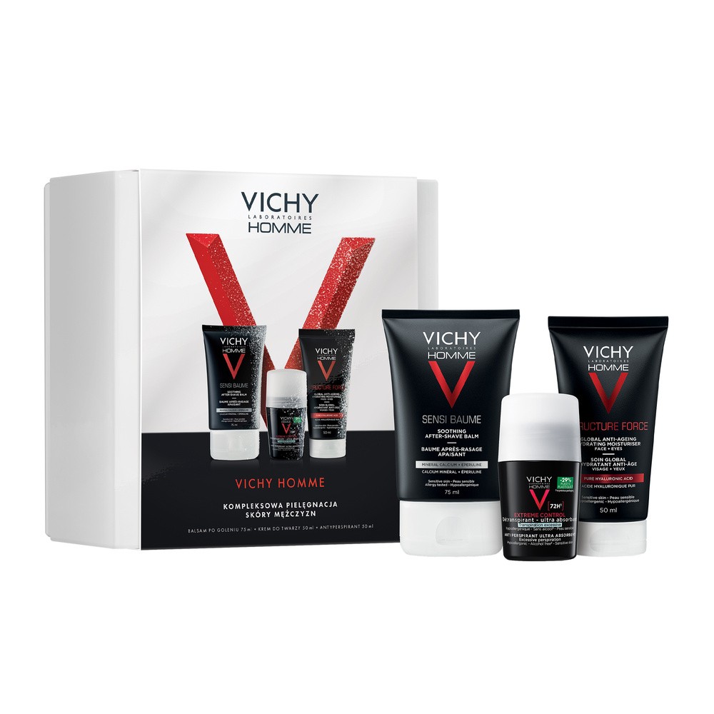 Vichy Homme Zestaw: Balsam po goleniu + krem do twarzy + antyperspirant w kulce