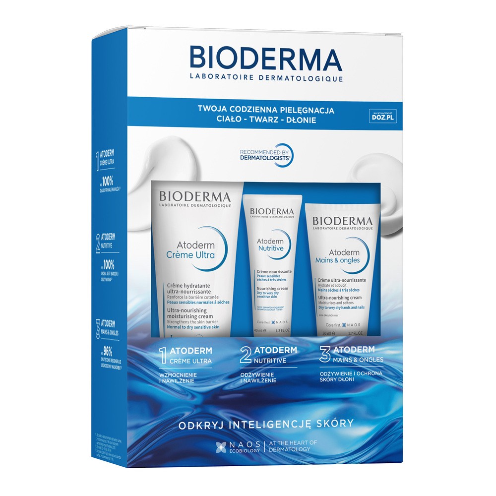 Zestaw Bioderma Atoderm, ultraodżywczy krem nawilżający, 200 ml + odżywczy krem do cery suchej, bardzo suchej i osłabionej, 40 ml + krem do rą...