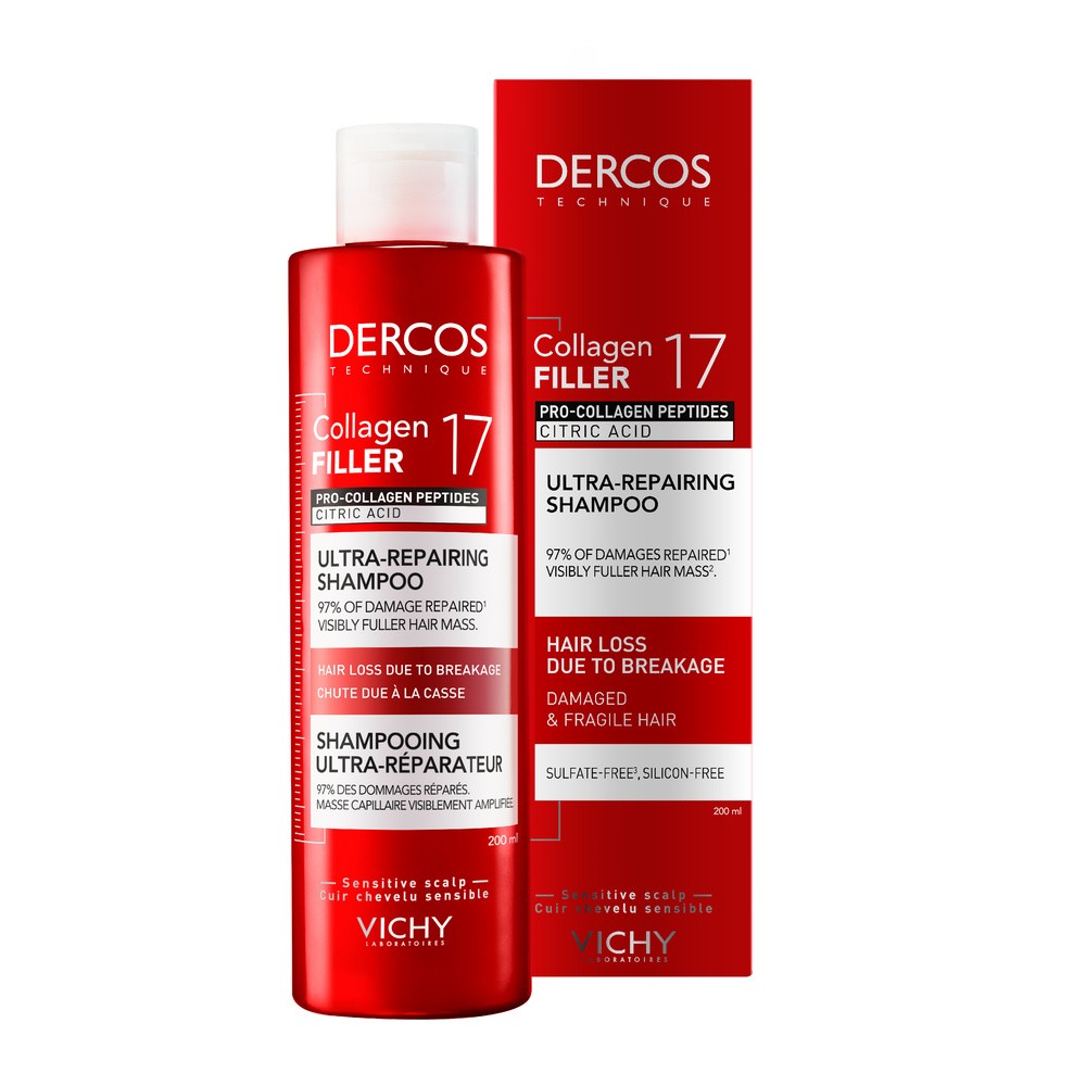 Vichy Dercos Collagen 17 Filler Ultra-Repairing Treatment, ultraregenerujący szampon do włosów, 200 ml