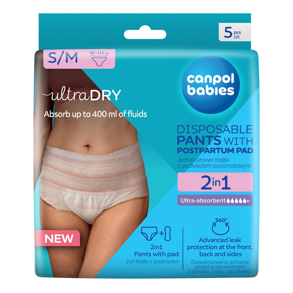 Canpol Babies, oddychające majtki poporodowe 2w1, z podkładem, jednorazowe, rozmiar S/M