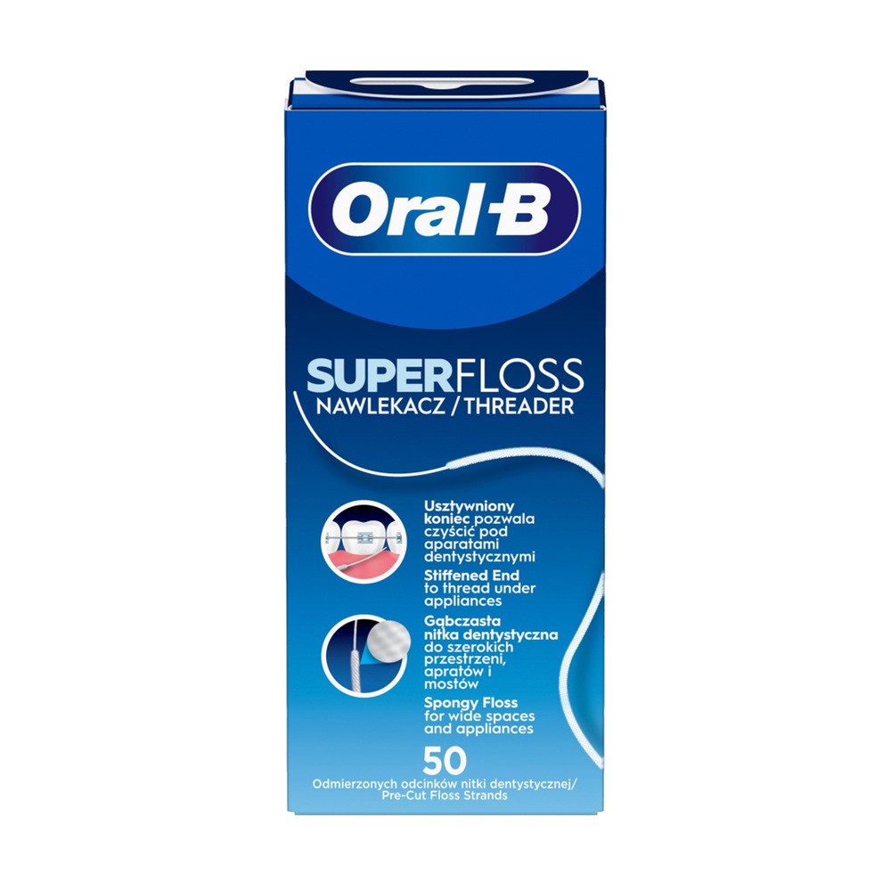 Oral-B Super Floss, nić dentystyczna do czyszczenia aparatów ortodontycznych i mostów, 50 sztuk