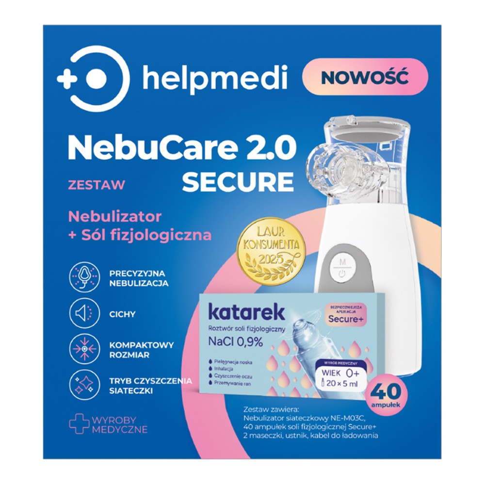 HelpMedi Katarek Nebucare 2.0 Secure Zestaw Nebulizator + Sól fizjologiczna