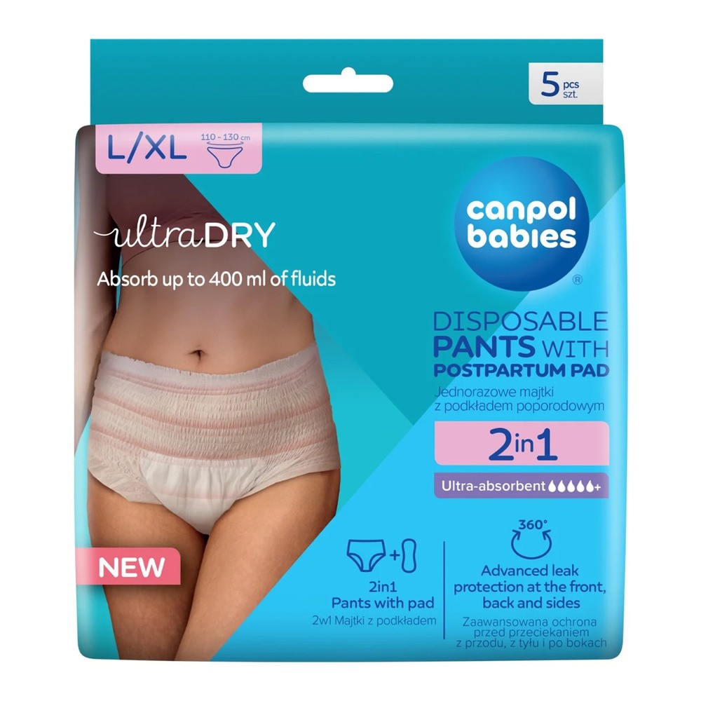 Canpol Babies, oddychające majtki poporodowe 2w1, z podkładem, jednorazowe, rozmiar L/XL