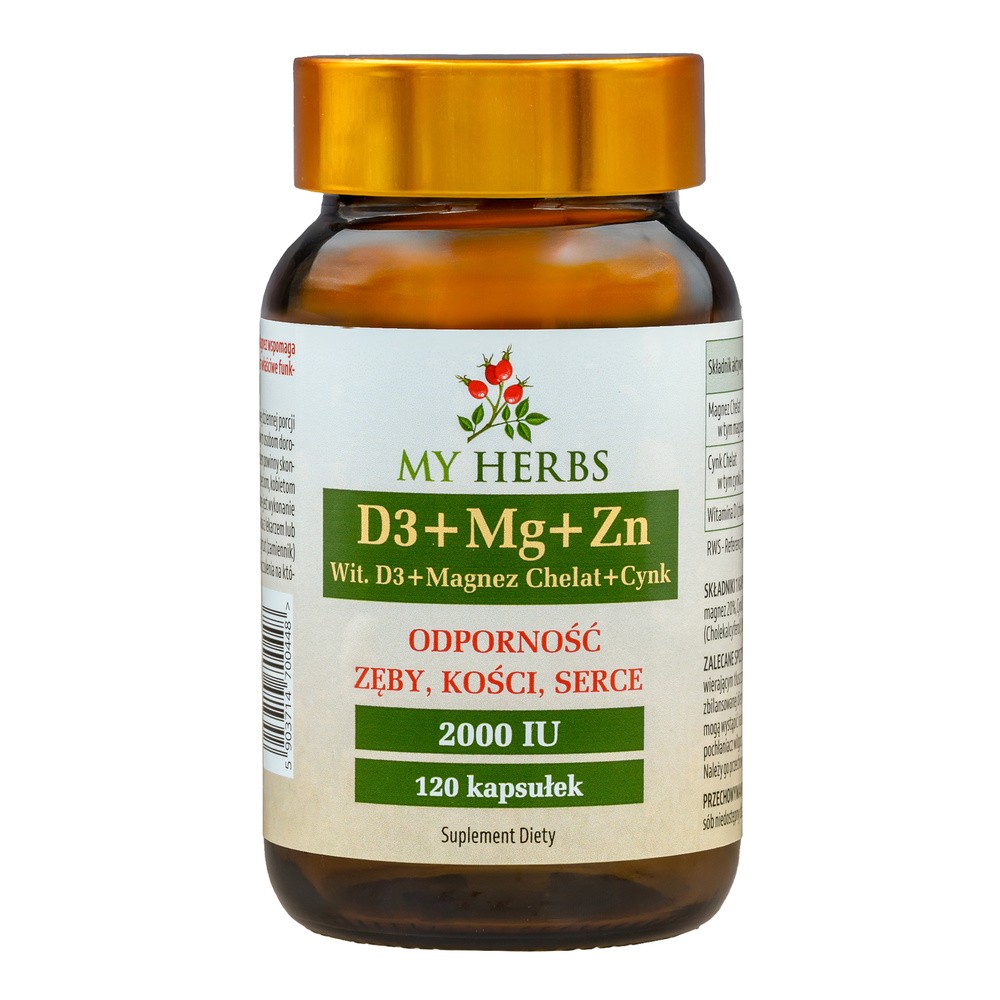 Bio Herbs, D3 + Mg + Zn Witamina D3 + Magnez + Cynk, 120 Kaps.
