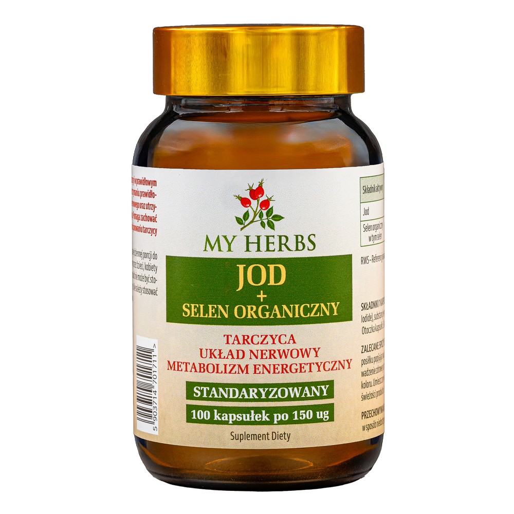 Bio Herbs, Jod Naturalny + Selen Organiczny Standaryzowany Tarczyca Skóra Włosy, 100 Kaps.