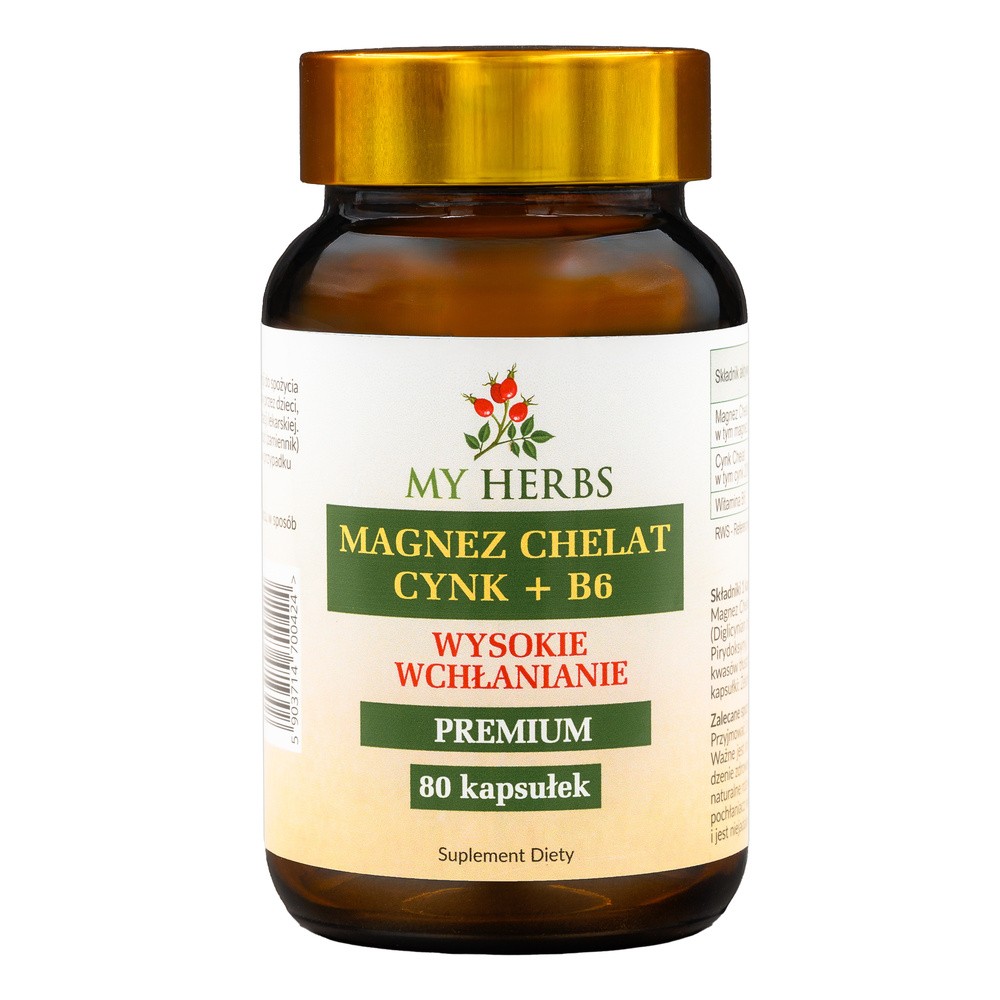 Bio Herbs, Mg + Zn + B6 Chelat Magnez + Cynk + Witamina B6, 80 Kaps.