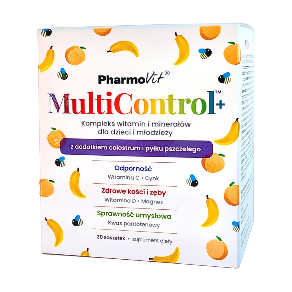 Pharmovit MultiControl+ Kompleks witamin i minerałów dla dzieci i młodzieży, smak bananowo-brzoskwiniowy, 30 saszetek