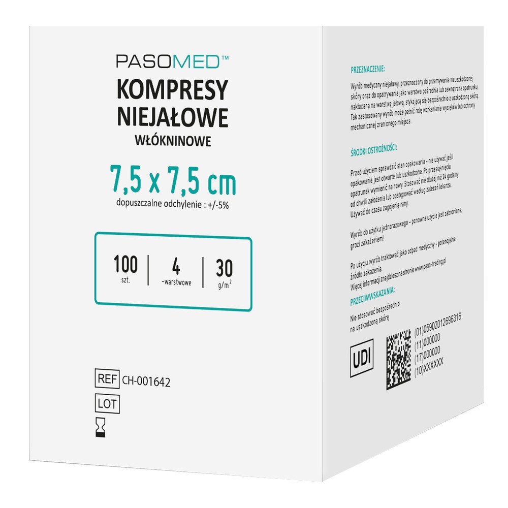 PASOMED Kompresy niejałowe włókninowe 4W 7,5 x 7,5 cm, 100 szt.