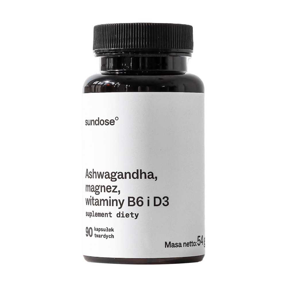 Sundose Ashwagandha, magnez, witaminy B6 i D3, kapsułki twarde, 90 szt.