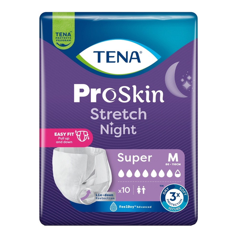 Tena Stretch ProSkin Super Night, pieluchomajtki na noc, rozmiar M, 10 szt.
