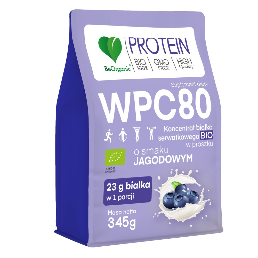 Białko Serwatkowe WPC 80 BIO Jagodowe 345 g - BeOrganic