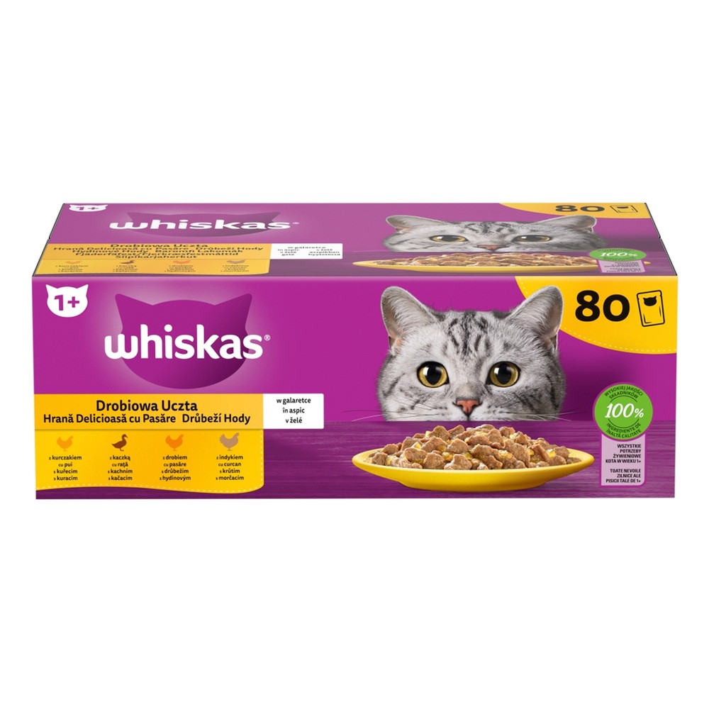 WHISKAS Adult saszetka 80 x 85 g Drobiowa Uczta - mokra karma pełnoporcjowa dla dorosłych kotów, w galaretce (kawałki z: kurczakiem, kaczką, drobiem, indykiem)