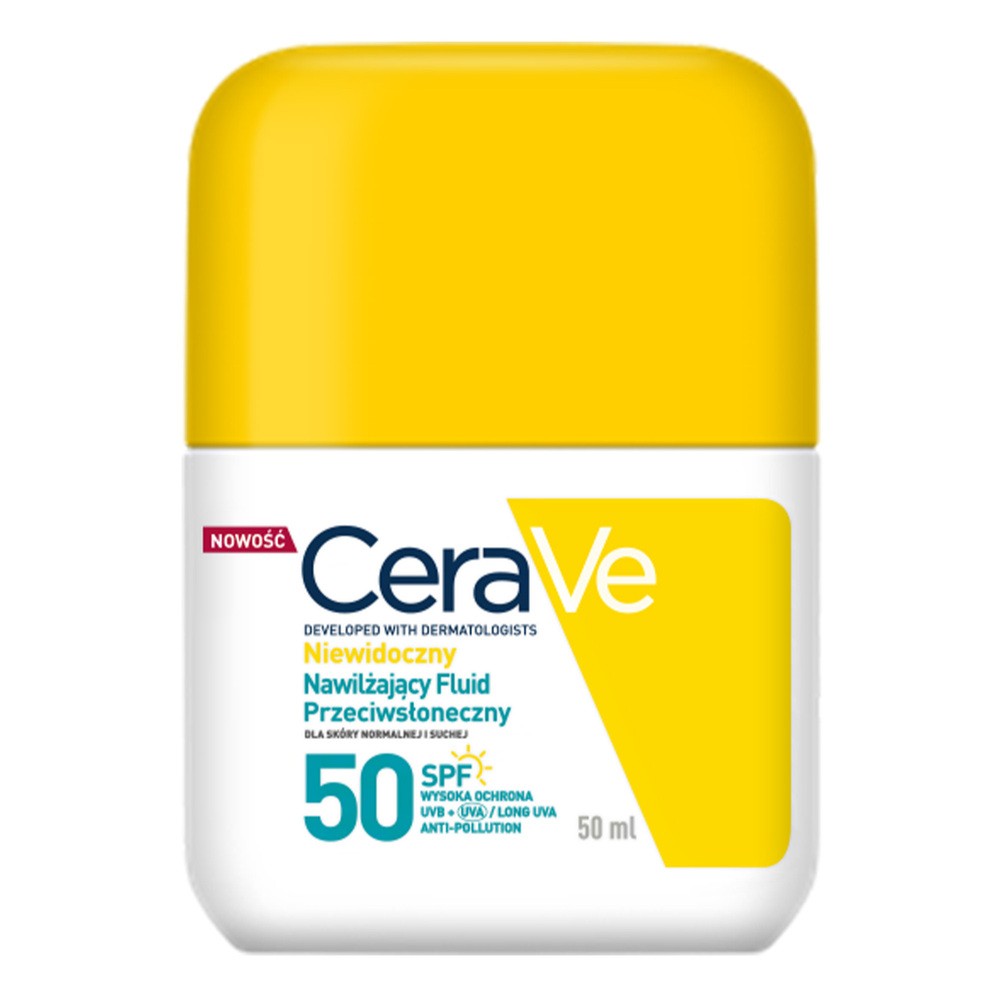 Cerave Sun, niewidoczny nawilżający fluid przeciwsłoneczny do skóry suchej SPF 50, 50 ml