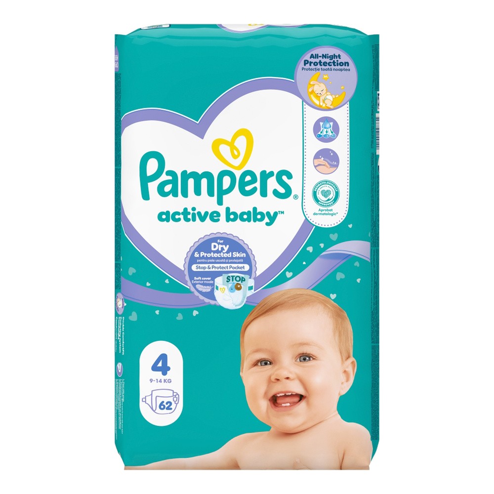Pampers Active Baby 4 Pieluszki 9-14 kg, 62 szt. >> 0zł za wysyłkę przy zakupach od 59 zł 