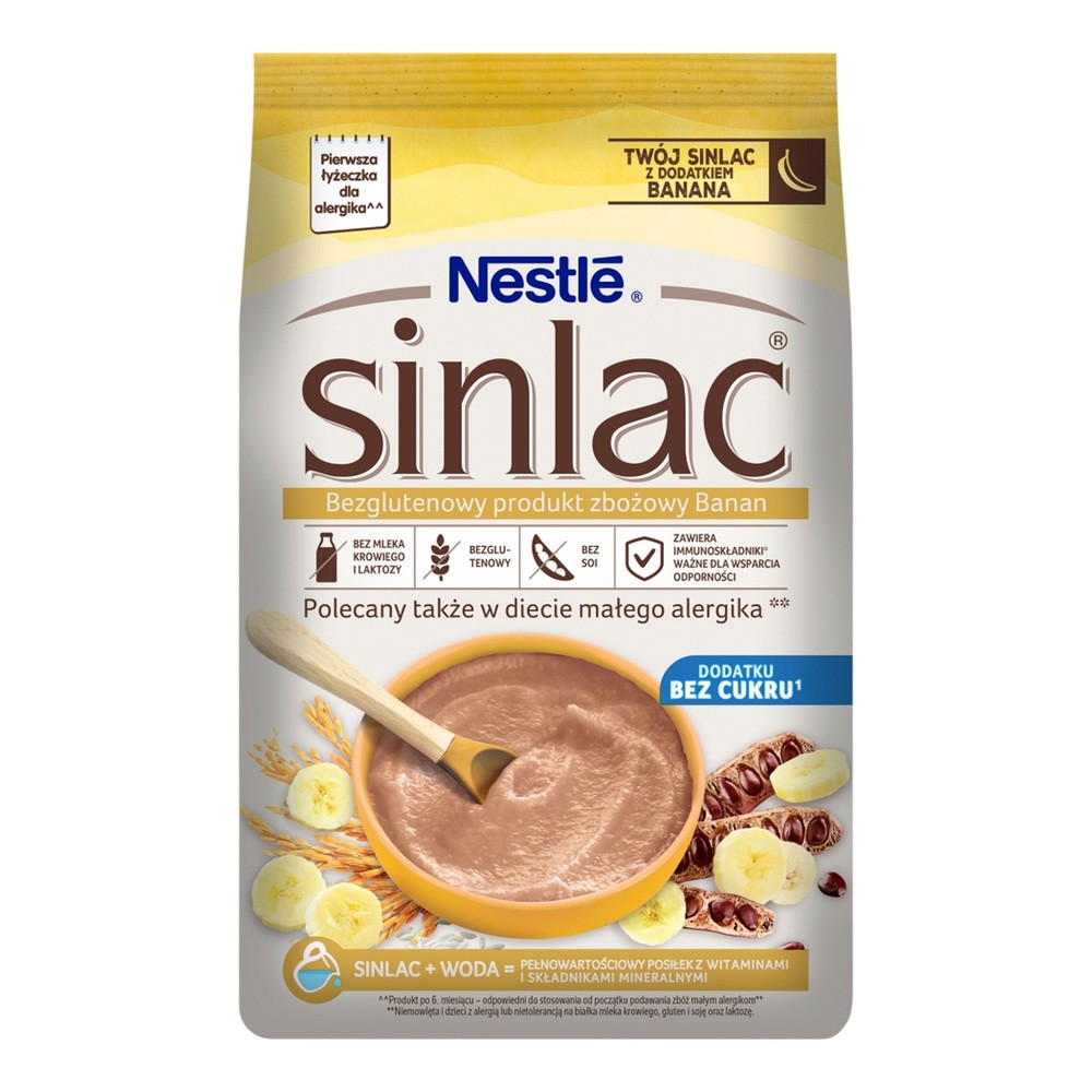 Nestle Sinlac, bezglutenowy produkt zbożowy Banan, bez dodatku cukru, po 6 miesiącu, 300 g