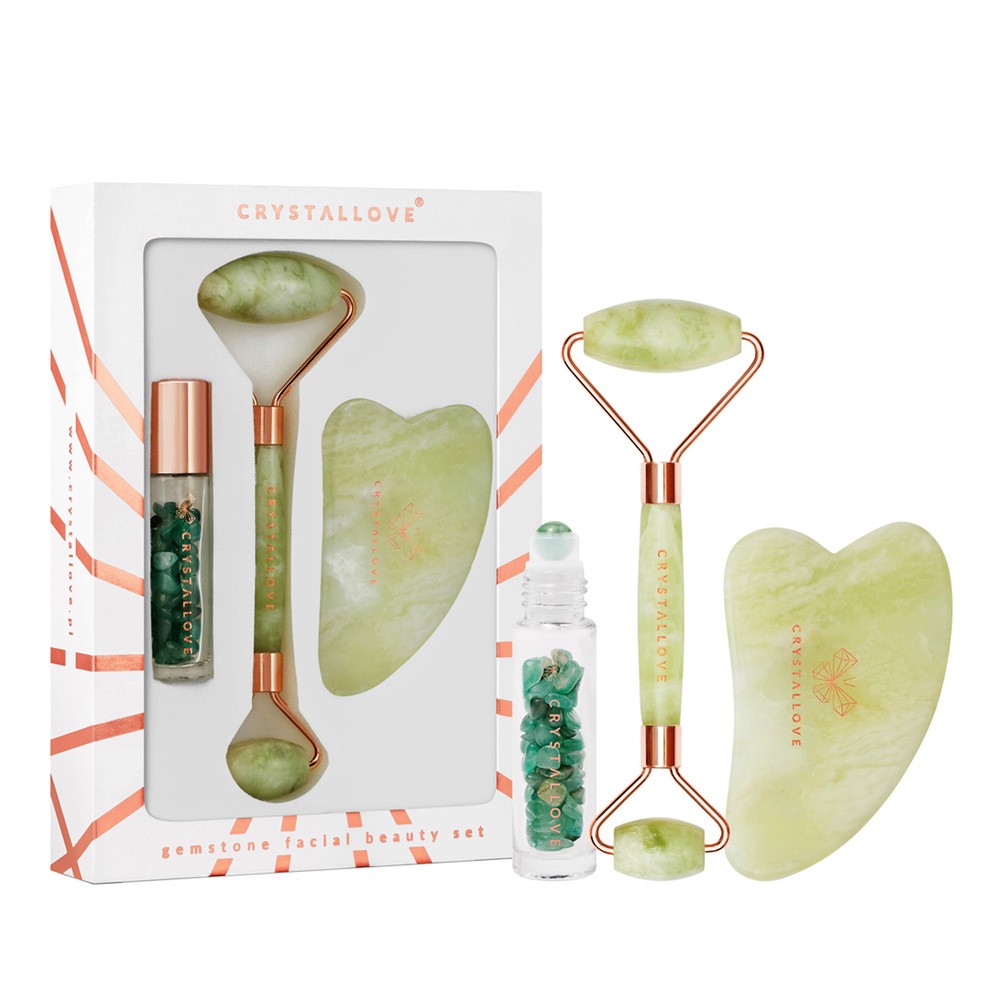 Crystallove Crystallove Jade Beauty Set ZESTAW Masażer do twarzy 1 szt. + Płytka do masażu twarzy gua sha 1 szt + Buteleczka z kryształkami awenturynu na olejek 10 ml