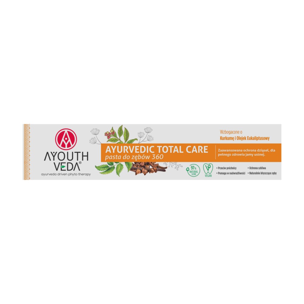 Ayuthveda Ayurvedic Total Care, pasta do zębów 360 z kurkumą i olejkiem eukaliptusowym, 100 g