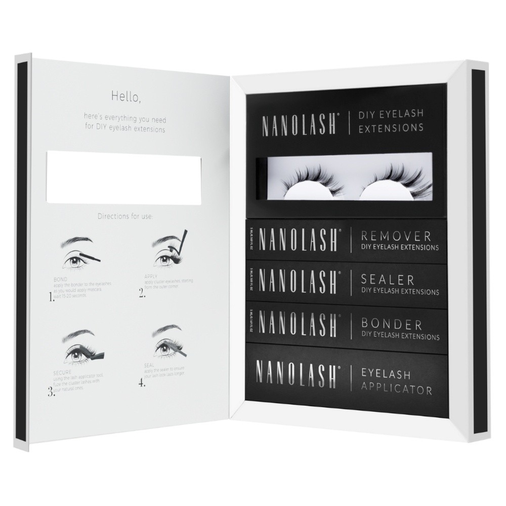 Nanolash DIY Extensions Starter Kit zestaw sztuczne rzęsy 10.12.14mm Flirty 36szt. + bonder do rzęs 5ml + sealer do rzęs 5ml + aplikator do rzęs 1szt. + remover do rzęs 5ml
