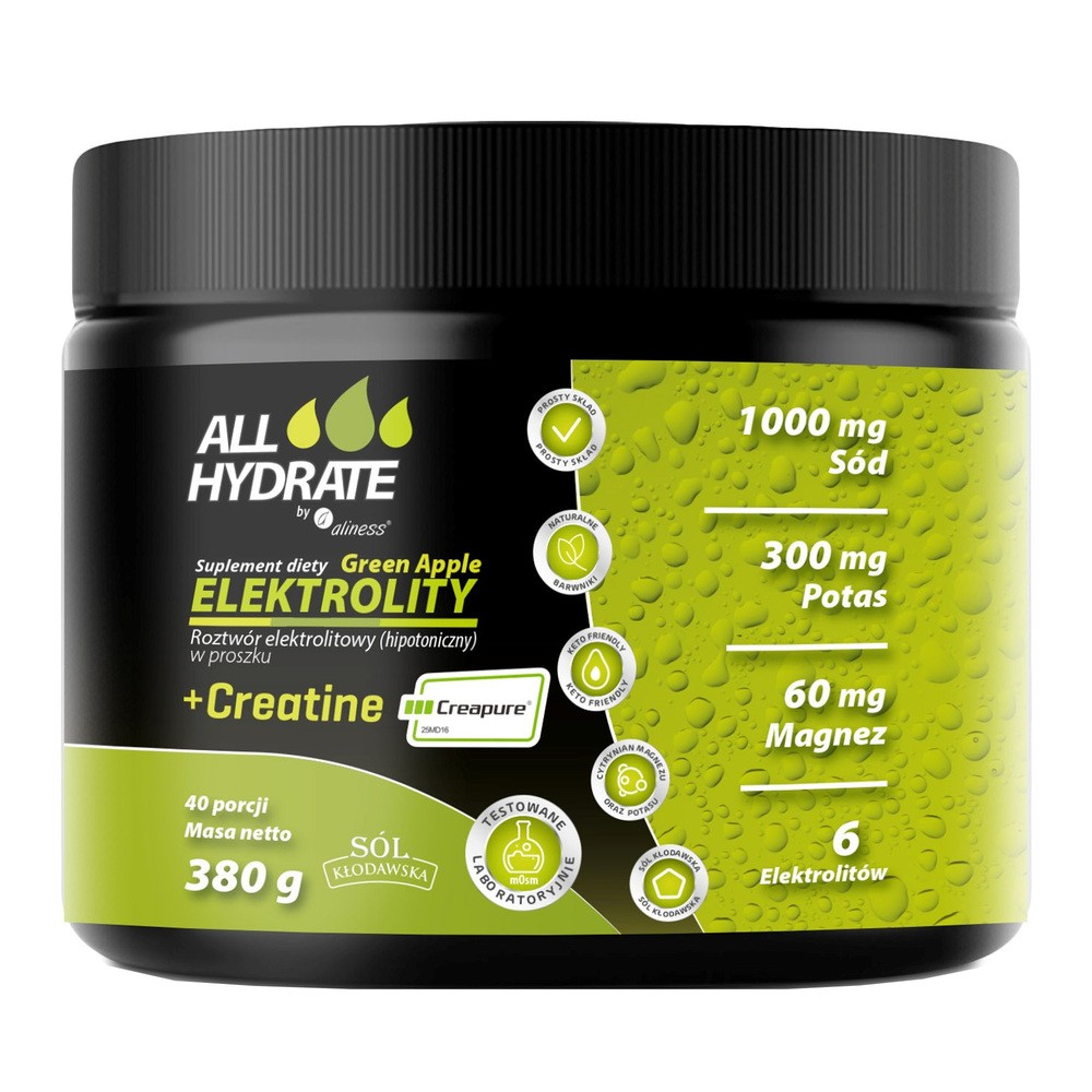 ALLHydrate, Elektrolity + Creatine (Creapure) Green Apple 380 g, 40 porcji