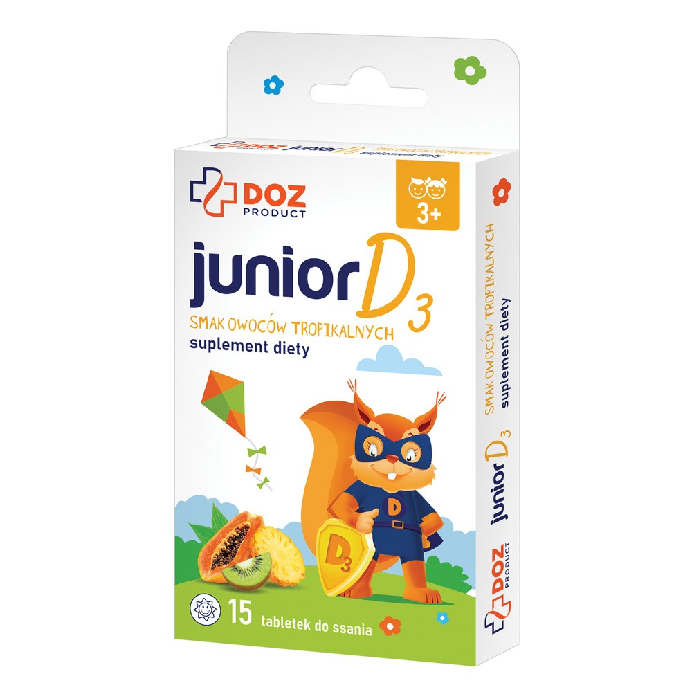 DOZ Product JuniorD3, tabletki do ssania, smak owoców tropikalnych, 15 szt.