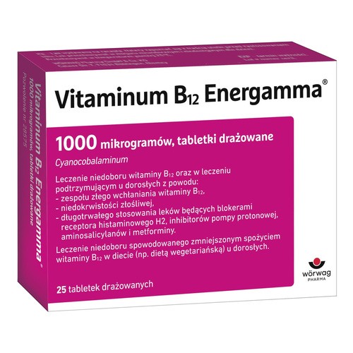 Vitaminum B12 Energamma, 1000 mikrogramów, tabletki drażowane, 25 szt.