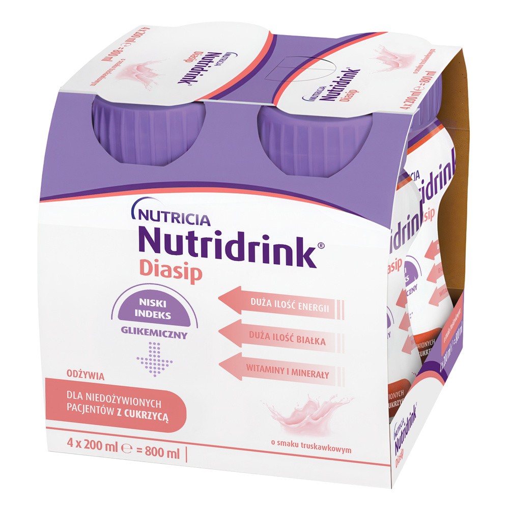 Nutridrink Diasip o smaku truskawkowym, płyn, 12 x 200 ml
