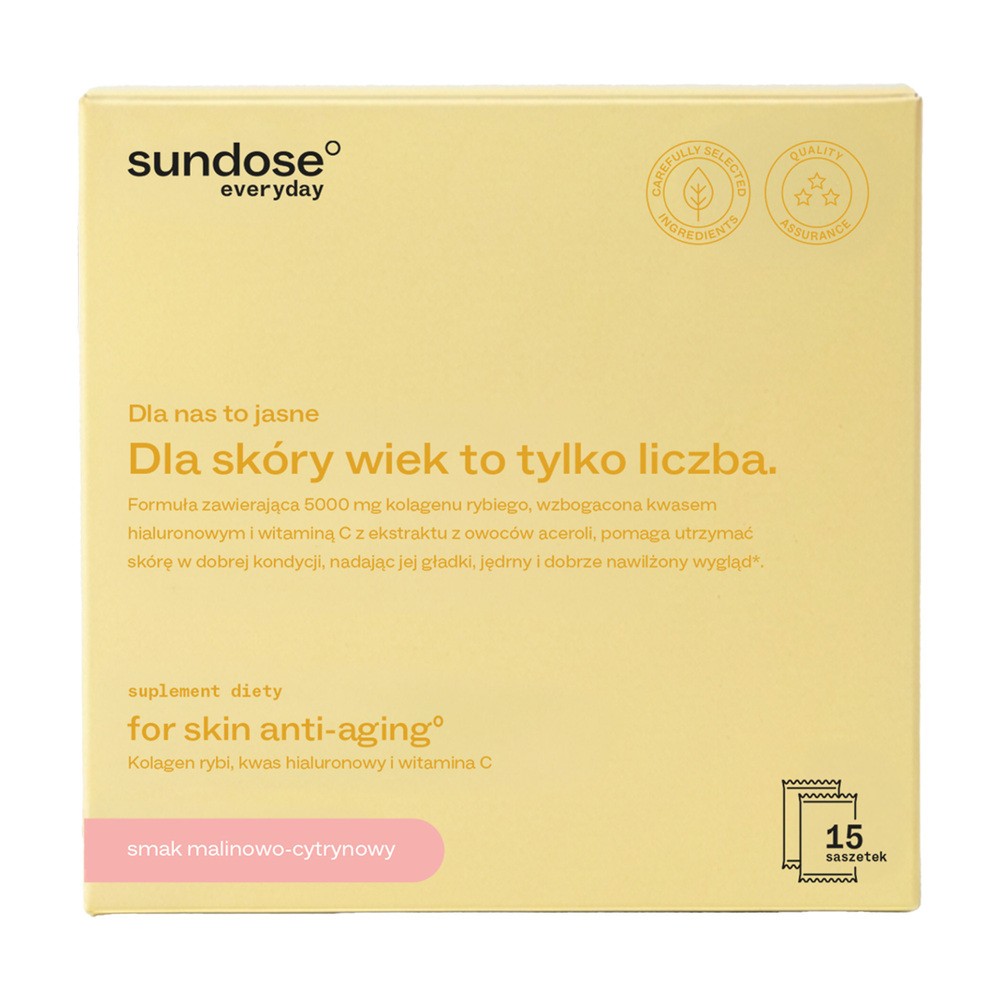 Sundose Everyday For Skin Anti-Aging Kwas Hialuronowy i Witamina C, saszetki z proszkiem, smak malinowo-cytrynowy, 15 szt.