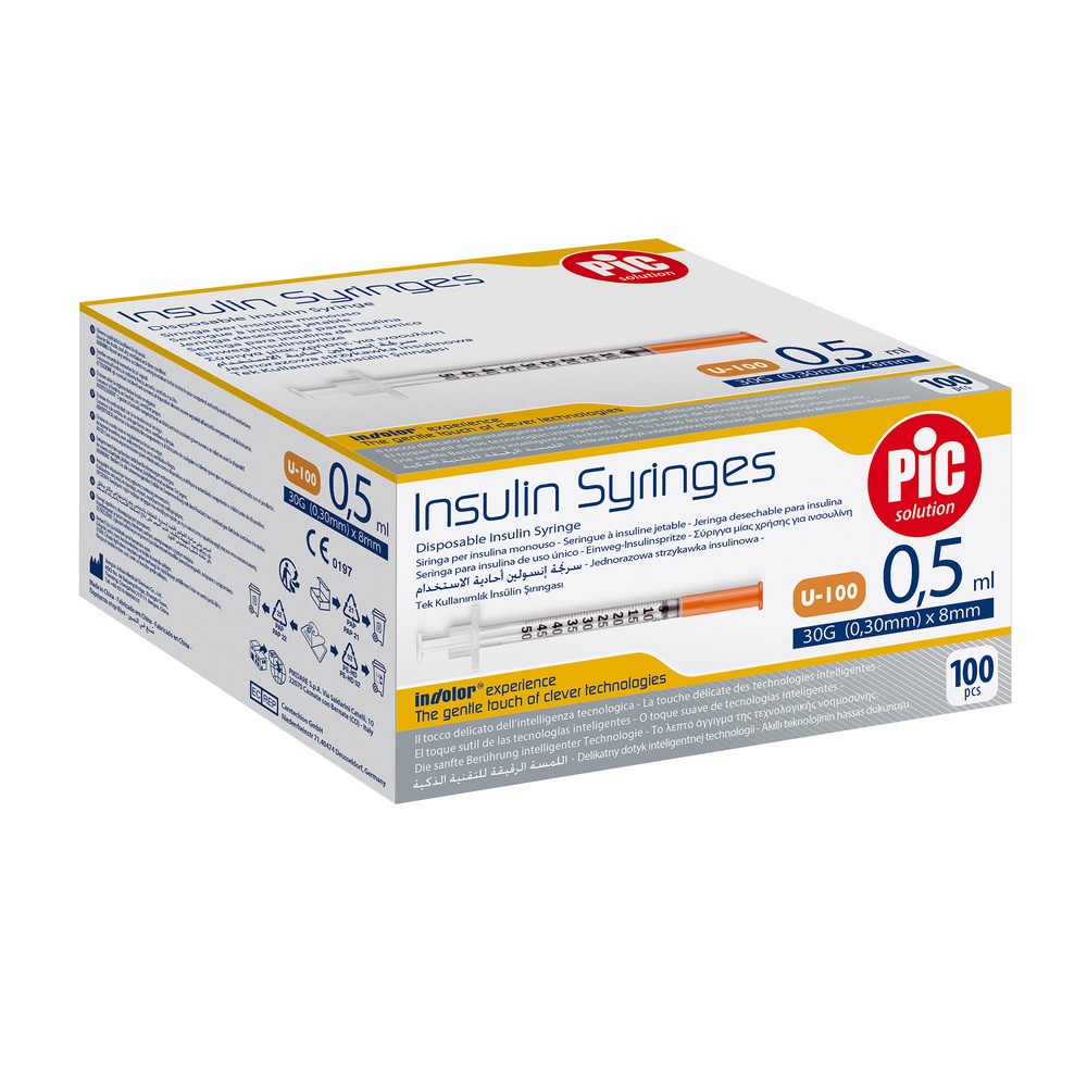 PiC Insulin Syringes, strzykawki insulinowe, jednorazowe, 0,5 ml 30G x 8 mm, 100 szt.