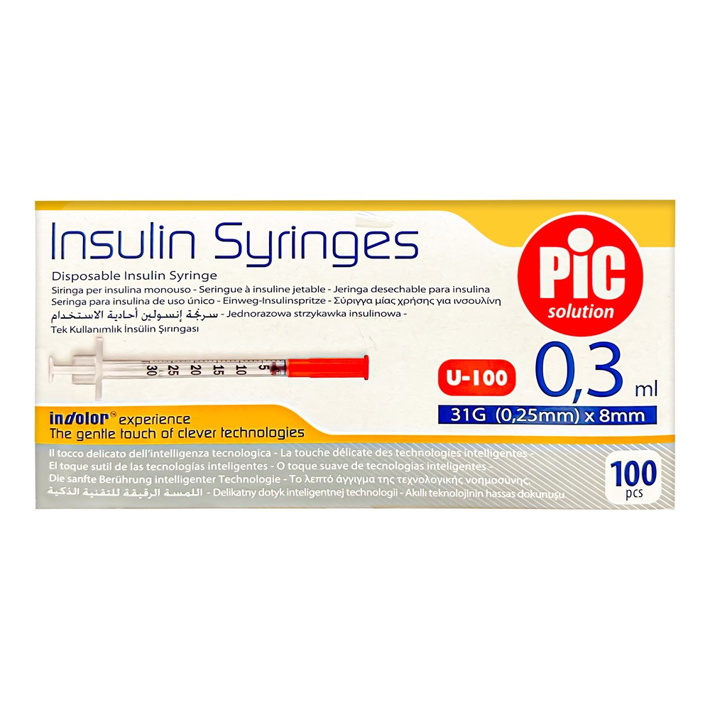 Pic Solution Insulin Syringes, strzykawka insulinowa 0,3 ml z igłą 31G (0,25 mm) x 8 mm, 100 sztuk