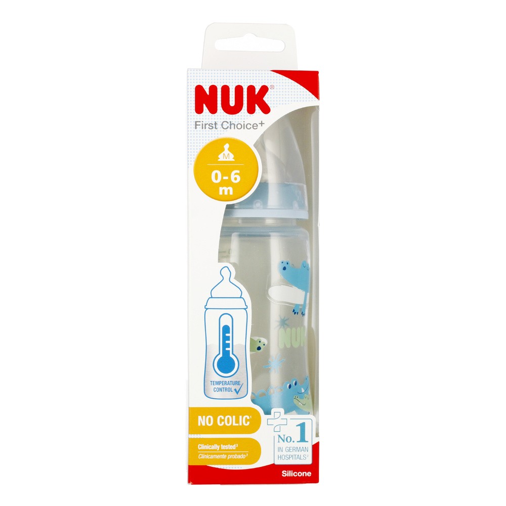 NUK First Choice, butelka 300 ml ze wskaźnikiem temperatury, 0 - 6 m., krokodyle, 1 szt.