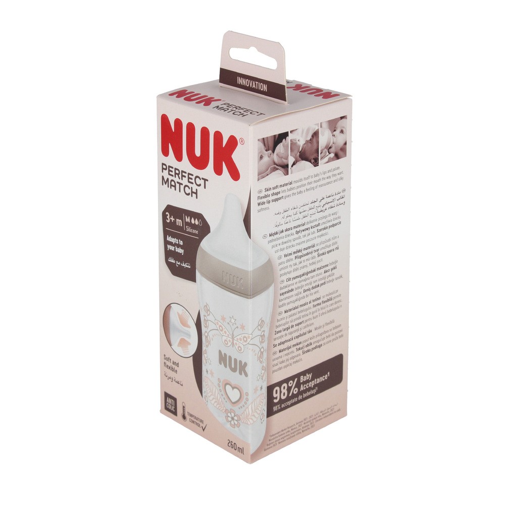 NUK Perfect Match, butelka antykolkowa ze smoczkiem silikonowym, rozmiar M, serca, od 3 miesiąca, 260 ml
