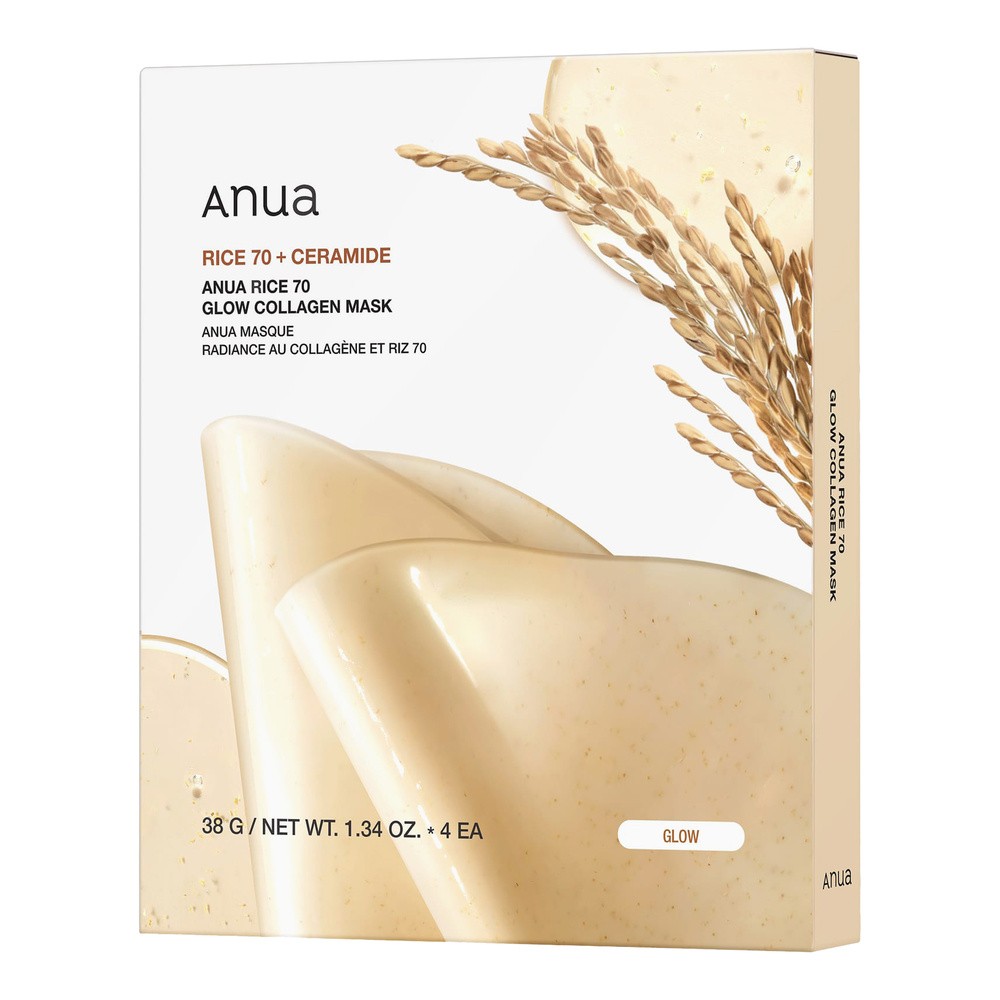 ANUA RICE 70 + CERAMIDE GLOW COLLAGEN MASK Ujędrniające maski hydrożelowe z kolagenem i wodą ryżową 4x38 g