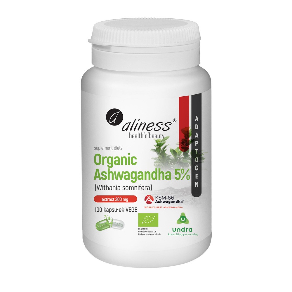 Aliness, Organic Ashwagandha 5% KSM-66 200 mg, 100 wege kaps.