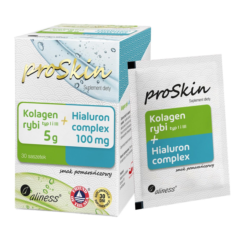 Aliness proSkin Kolagen rybi 5 g + Hialuron 100 mg Complex suplement diety pomarańczowy