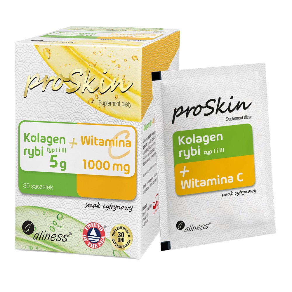 Aliness proSkin Kolagen rybi 5g+Witamina C 1000 mg Complex suplement diety cytrynowy 30 saszetek